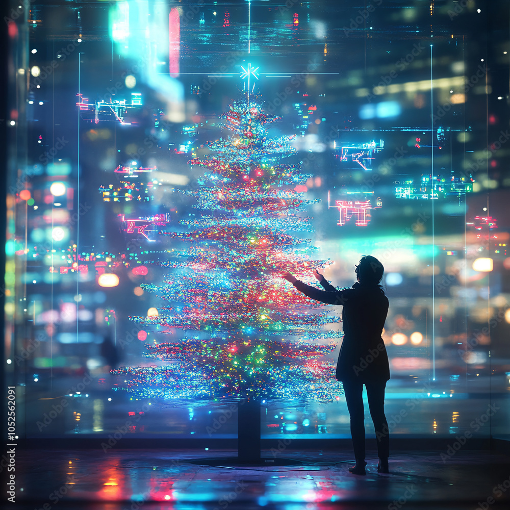 Futuristic Christmas tree with interactive LED lights, smart decorations, and a modern design featuring advanced technology Futuristic Christmas tree with interactive LED lights, smart decorations, and a modern design featuring advanced technology