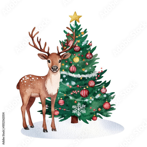 A charming watercolor illustration of a reindeer standing beside a beautifully decorated Christmas tree adorned with ornaments, lights, and a star on top. Festive image, warmth and magic, holiday.