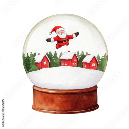A whimsical snow globe illustration featuring a cheerful Santa Claus flying above a snowy village with red houses surrounded by evergreen trees. Festive holiday scene, the magic and joy of Christmas.