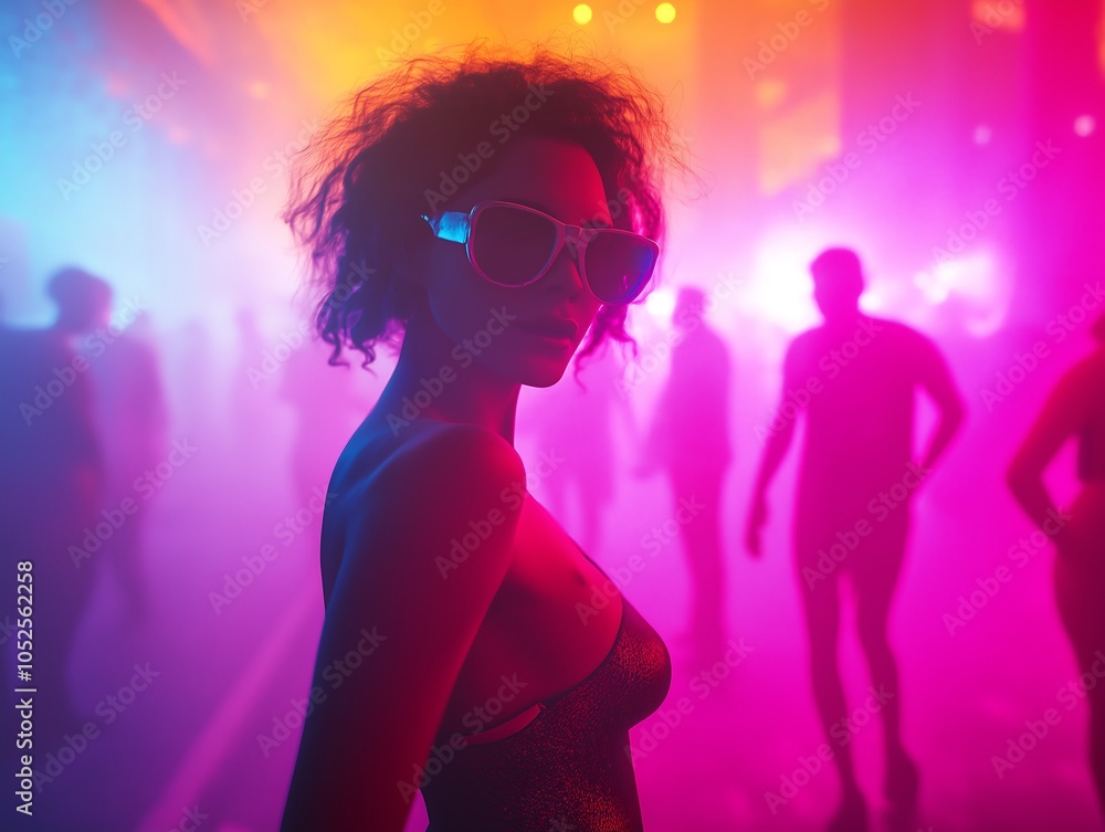 Full-body view of a latin looking, emu fan at a big Berlin techno club, wide space, she´s dancing, wearing dark sunglasses and a tight dress, colorful light background covered in Fog Full-body view of a latin looking, emu fan at a big Berlin techno club, wide space, she´s dancing, wearing dark sunglasses and a tight dress, colorful light background covered in Fog