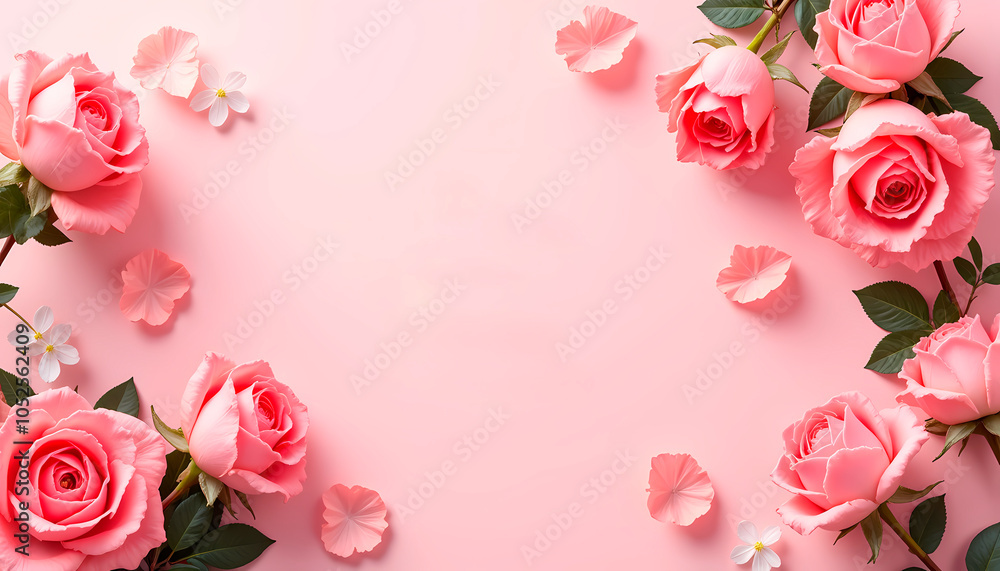 Pink roses and petals frame on soft pink background for Women’s Day celebration Pink roses and petals frame on soft pink background for Women’s Day celebration