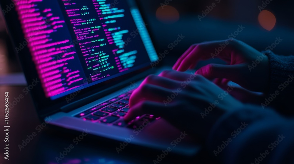 Fototapeta premium A programmer typing code on a laptop illuminated by vibrant neon lights in a dimly lit room