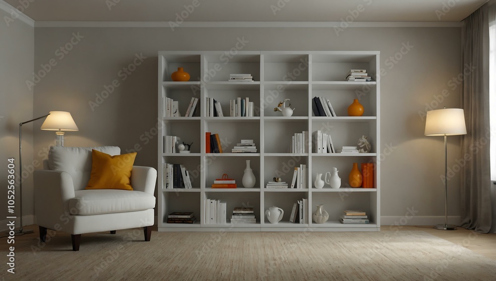 Fototapeta premium Empty living room with a white bookshelf and lamp.