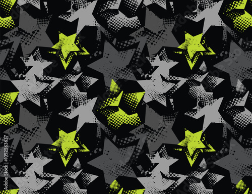 Abstract seamless Grunge stars pattern for sport textile, clothes, wrapping paper. Grey grungy endless ornament. Textured monochrome repeat print.