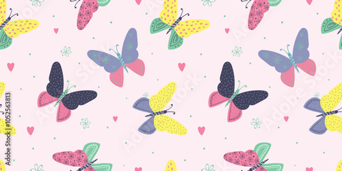 Butterfly seamless pattern with hearts. Baby girl print with butterflies. For nursery wallpaper and pajamas. For fabric and gift wrap