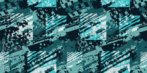 Abstract seamless grunge pattern. Grungy geometric repeated backdrop for boy, sport textile clothes, wrapping paper. Blue monochrome textured print