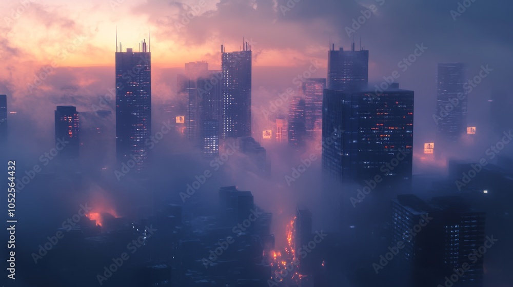 Foggy Skyscrapers with Glowing Windows at Sunset Foggy Skyscrapers with Glowing Windows at Sunset