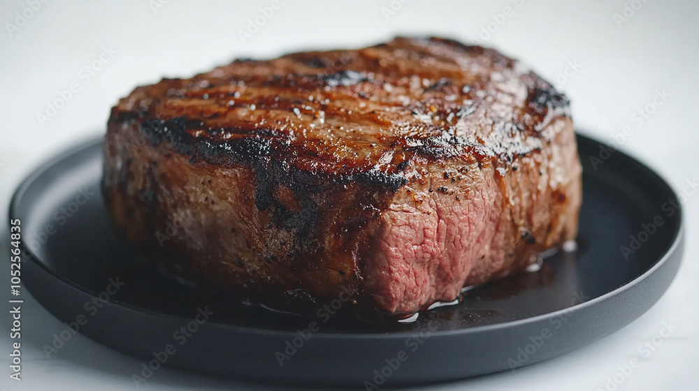 Thick grilled meat block on black plate with white backdrop Thick grilled meat block on black plate with white backdrop