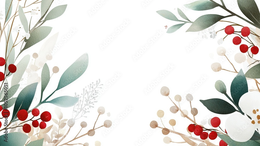 Watercolor illustration showcasing red berries on green foliage against white canvas; space for text on left Watercolor illustration showcasing red berries on green foliage against white canvas; space for text on left