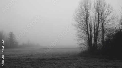 Silhouetted Trees in a Foggy Field