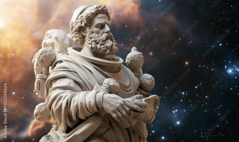 Ancient astronaut statue against starry sky. Ancient astronaut statue against starry sky.