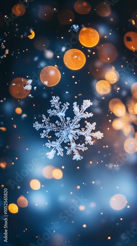 Abstract background of snowflakes and bokeh lights effect. Christmas mood, Winter holiday. 