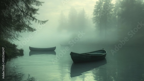 Three Boats on a Foggy Lake Surrounded by Trees photo