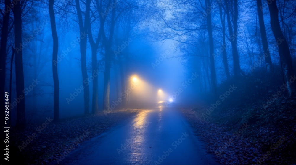 Obraz premium A Mystical Forest Path Lit by Streetlights in the Fog