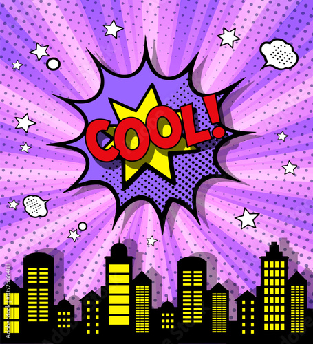 Colorful comic book style background with an exploding speech bubble over a city skyline