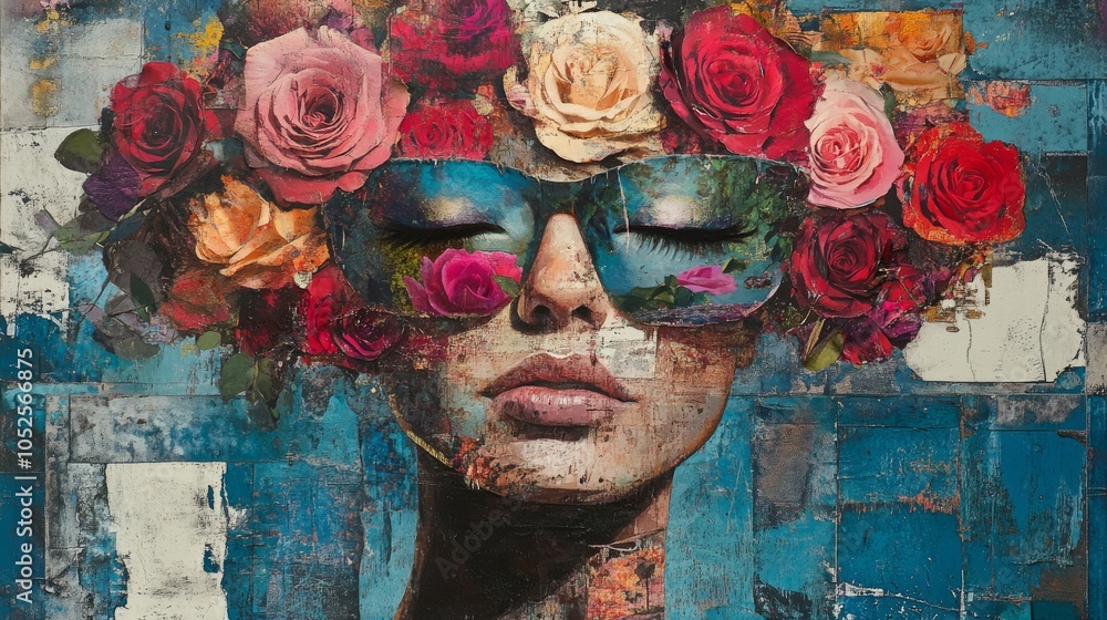 Collage of a woman, eyes concealed by orchids, abstract and colorful art Collage of a woman, eyes concealed by orchids, abstract and colorful art
