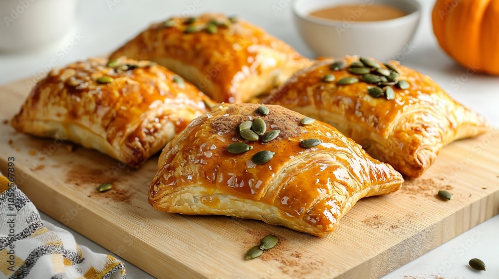Pumpkin turnover with spiced cinnamon glaze, arranged on a light wooden board, garnished with pumpkin seeds and a sprinkle of cinnamon Pumpkin turnover with spiced cinnamon glaze, arranged on a light wooden board, garnished with pumpkin seeds and a sprinkle of cinnamon