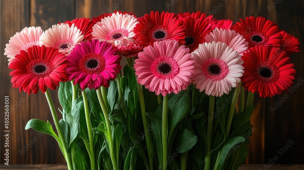 A bouquet of pink and red gerbera daisies arranged in front of a dark wood background. A bouquet of pink and red gerbera daisies arranged in front of a dark wood background.