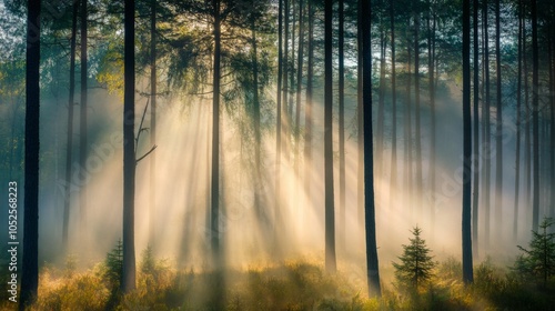 Sunbeams illuminating a misty pine forest