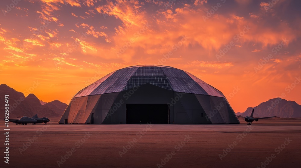 A large, geodesic hangar stands silhouetted against a vibrant sunset, two aircraft parked nearby in the vast desert landscape. A large, geodesic hangar stands silhouetted against a vibrant sunset, two aircraft parked nearby in the vast desert landscape.