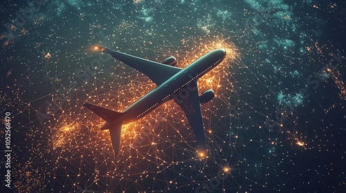 A jet plane is depicted traversing a digitalized airspace filled with vibrant networks of illumination, portraying the convergence of technology and nature in flight.