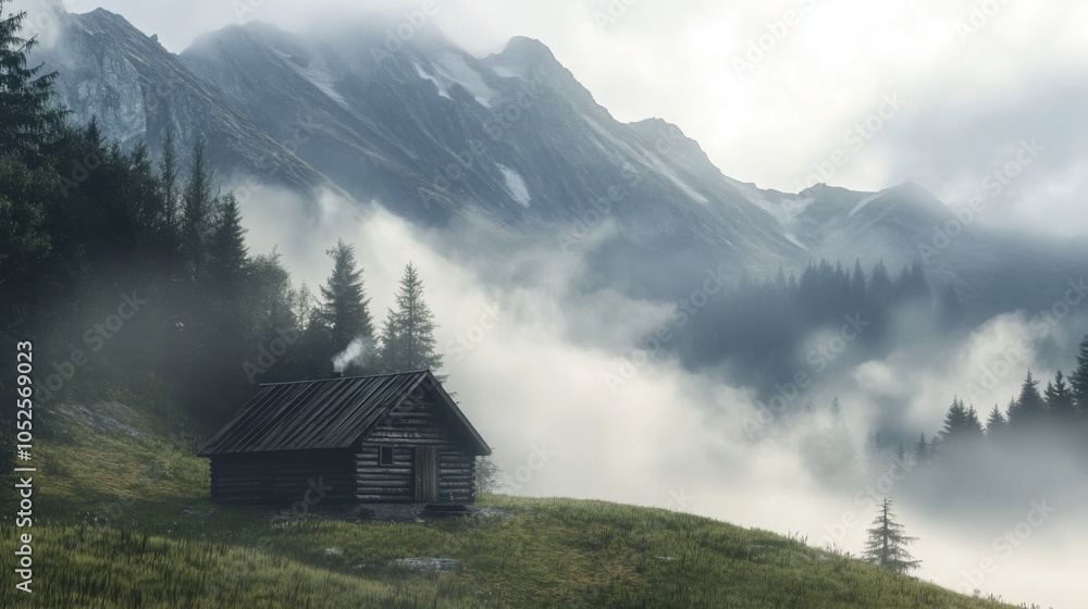 A Wooden Cabin on a Misty Mountainside with a Forest in the Background A Wooden Cabin on a Misty Mountainside with a Forest in the Background