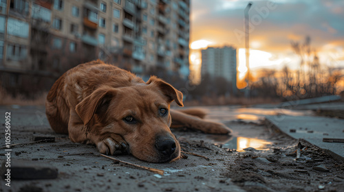 A stray dog is lying on the road in the mud and very sad. Rain