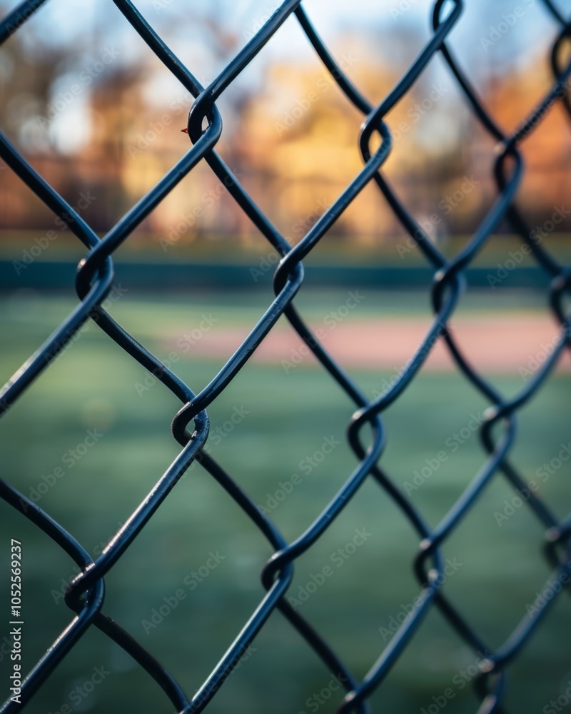 Chain link fence with blurred baseball field in the background. Chain link fence with blurred baseball field in the background.
