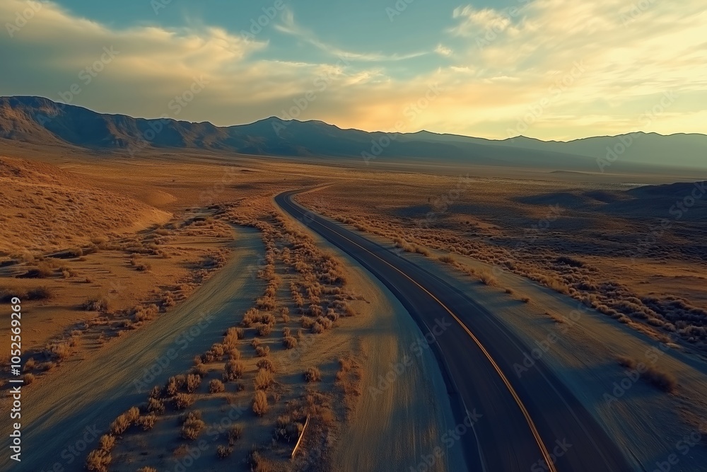 Fototapeta premium Desert road winding through rugged landscape at sunset in Nevada