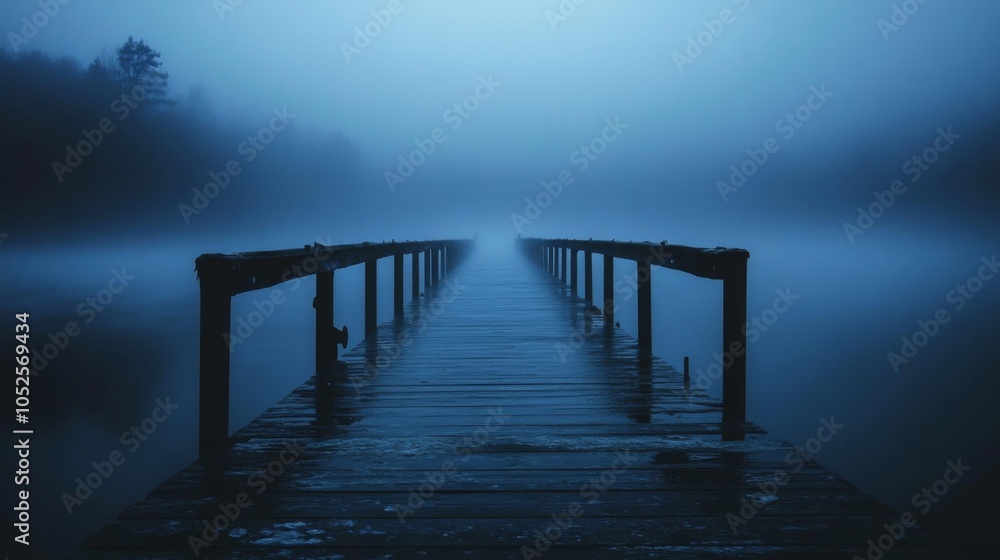 Obraz premium Wooden Pier Extending into Foggy Lake at Dusk
