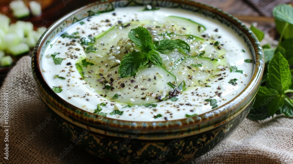 Cucumber Yogurt Salad with Fresh Mint and Spices Close-Up. Persian-Style Chilled Cucumber Soup Cucumber Yogurt Salad with Fresh Mint and Spices Close-Up. Persian-Style Chilled Cucumber Soup
