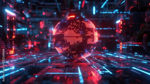 Neon Lights and Digital Globe in a Futuristic Techscape photo