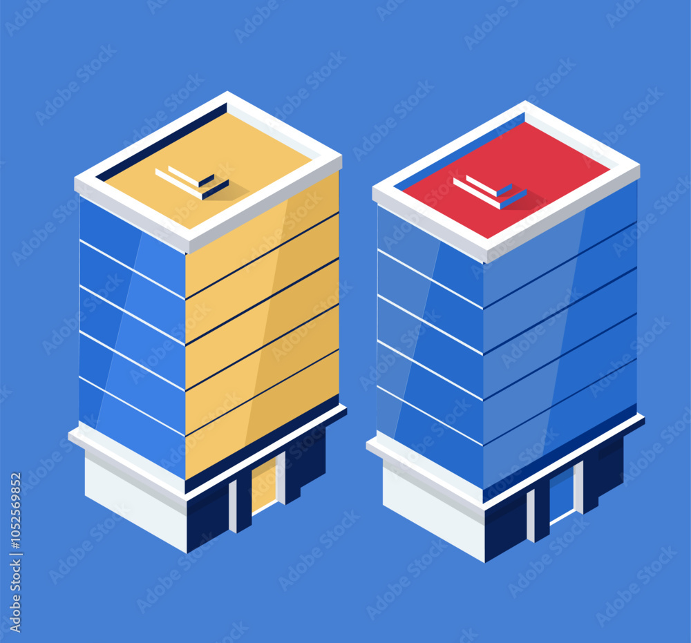Isometric skyscrapers with rooftop access reaching for the sky, symbolizing growth and development in a bustling urban environment Isometric skyscrapers with rooftop access reaching for the sky, symbolizing growth and development in a bustling urban environment