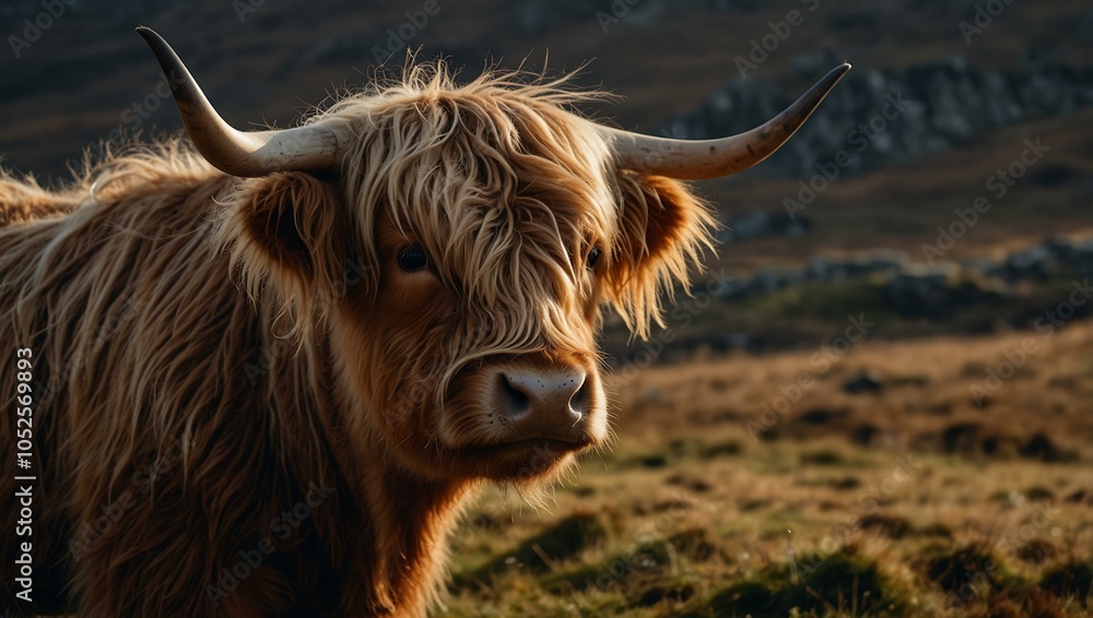 Highland cow on the Isle of Skye with room for text. Highland cow on the Isle of Skye with room for text.