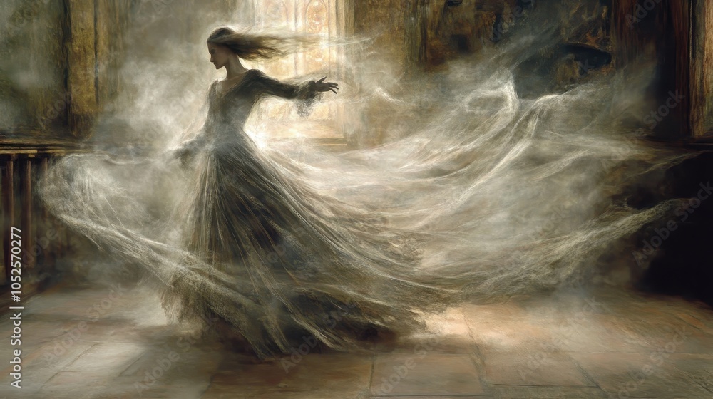 Ghostly figure in a long flowing gown, mist swirling around, dimly lit room, Renaissance style painting, multicolor, octane rendering, photorealistic, highly detailed Ghostly figure in a long flowing gown, mist swirling around, dimly lit room, Renaissance style painting, multicolor, octane rendering, photorealistic, highly detailed