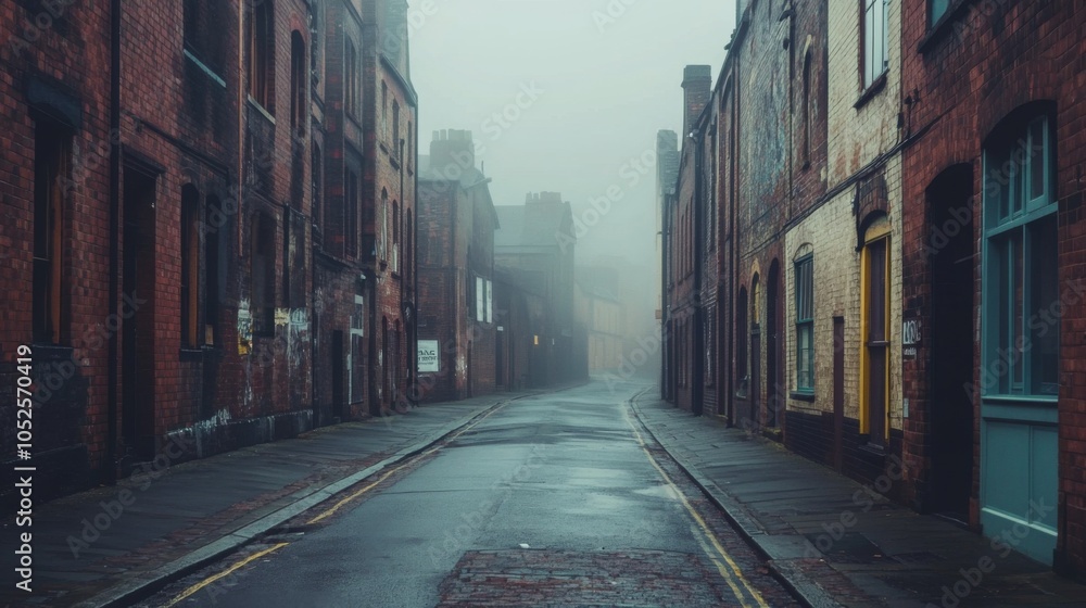 Fototapeta premium Foggy Alleyway with Brick Buildings and Yellow Lane Marking