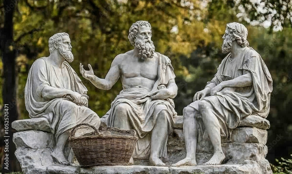 Three stone statues of men conversing. Three stone statues of men conversing.