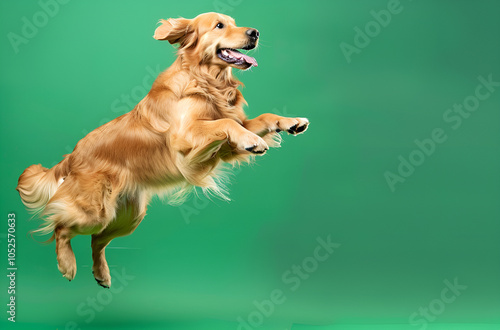 golden retriever playing on green background in studio. Young dog, pet looks playful, cheerful, genuinely kind photo