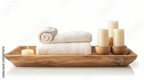 A calming spa setting isolated on a white background, featuring essentials like smooth stones, candles, and fresh green leaves. The minimalistic arrangement exudes relaxation and tranquility.