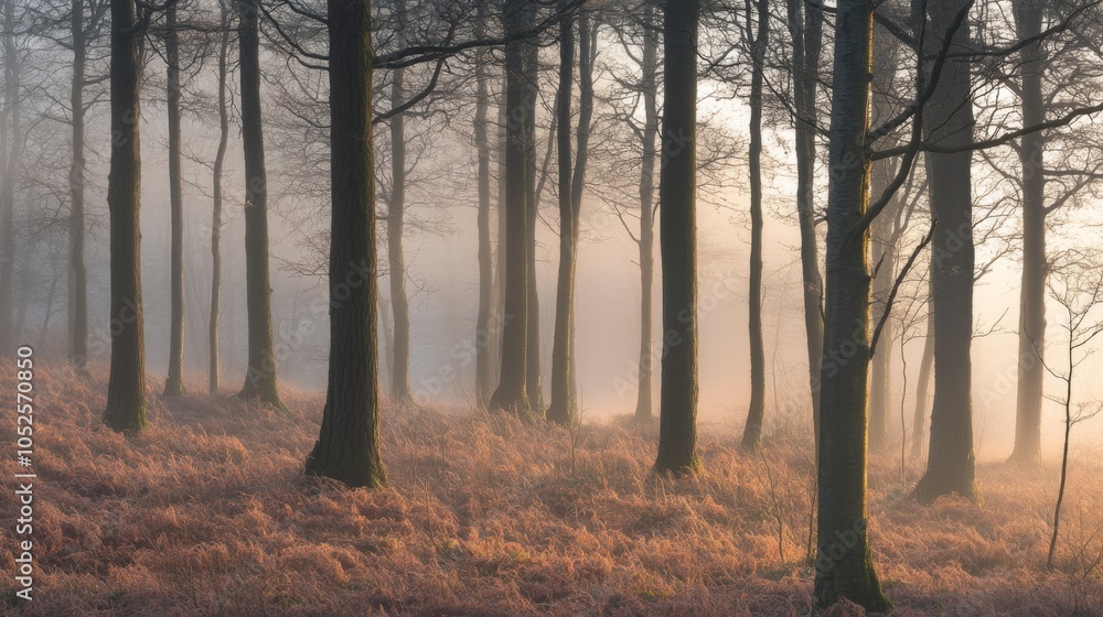 Sunbeams Illuminating a Misty Forest with Tall Trees and Brown Ground Cover Sunbeams Illuminating a Misty Forest with Tall Trees and Brown Ground Cover