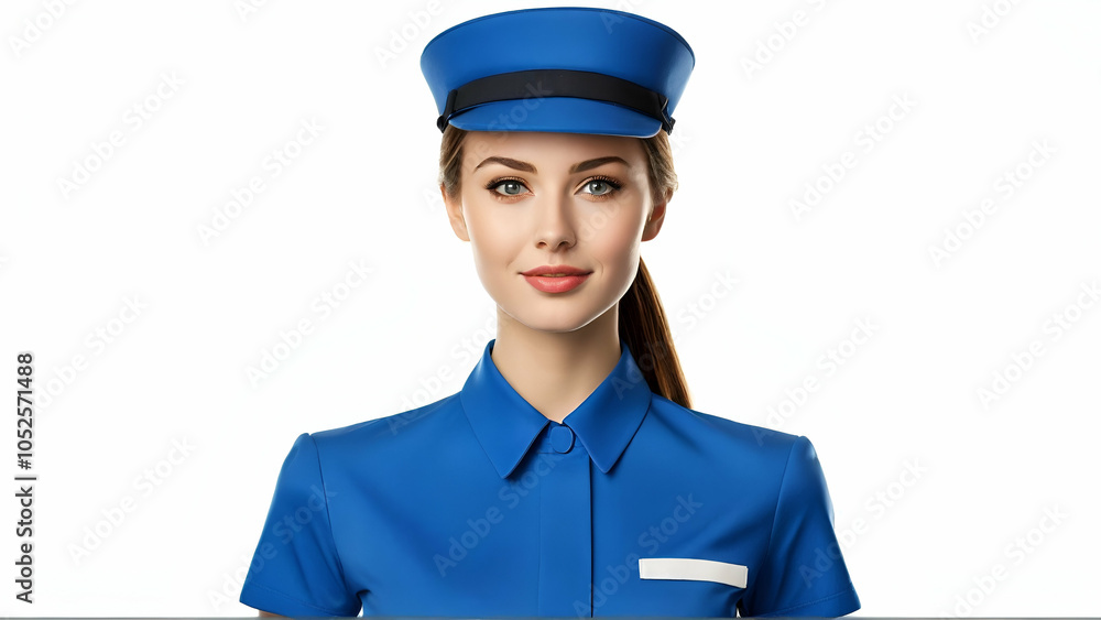 Portrait of charming stewardess wearing in blue uniform. Isolated on white background Portrait of charming stewardess wearing in blue uniform. Isolated on white background