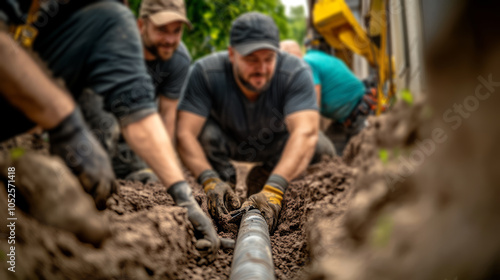  group of plumbers fixing a broken sewer line in a trench dug outside a home 