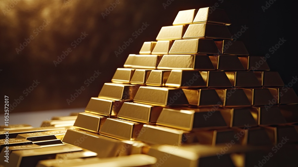 A carefully arranged collection of gold bars displayed in a secure setting with warm lighting A carefully arranged collection of gold bars displayed in a secure setting with warm lighting