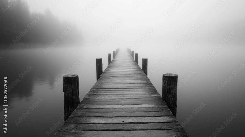 Obraz premium A Long Wooden Dock Extending into a Foggy Lake
