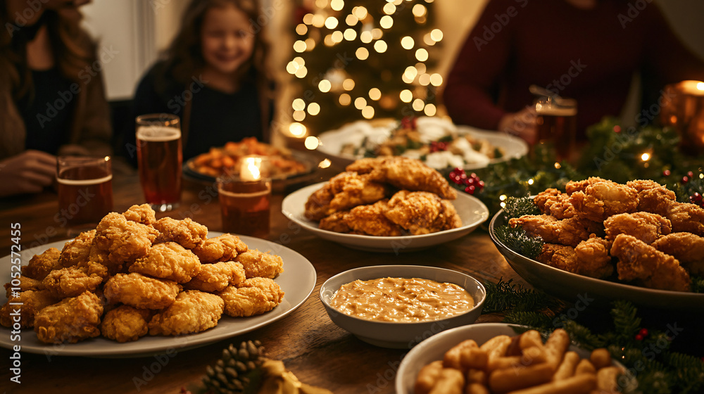 A Festive Dinner Table with Plates of Fried Chicken, Fries, and a Bowl of Sauce. A Festive Dinner Table with Plates of Fried Chicken, Fries, and a Bowl of Sauce.