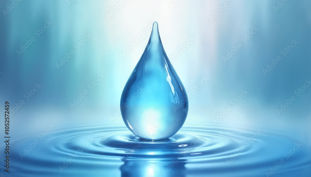 Close-up of a large water droplet above rippling surface, tranquil blue atmosphere Close-up of a large water droplet above rippling surface, tranquil blue atmosphere