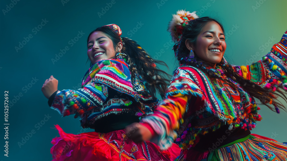 Fototapeta premium Two women joyfully dancing in vibrant traditional attire, showcasing colorful Peruvian Andean culture and heritage against a teal background.
