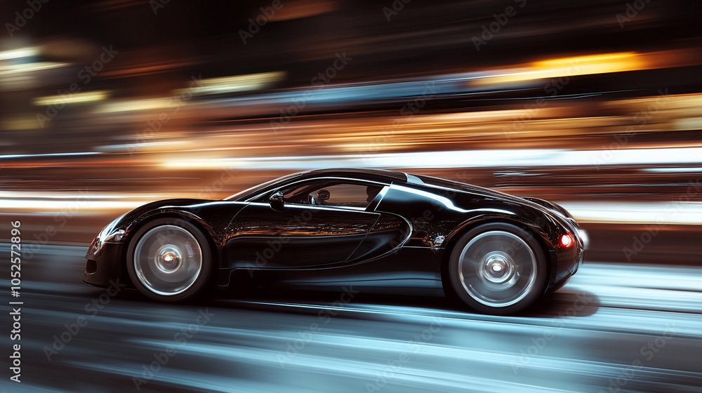 Speeding black car with silver accents moves through dark streets, motion blur reflecting its velocity-2 Speeding black car with silver accents moves through dark streets, motion blur reflecting its velocity-2