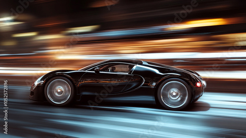 Speeding black car with silver accents moves through dark streets, motion blur reflecting its velocity-2