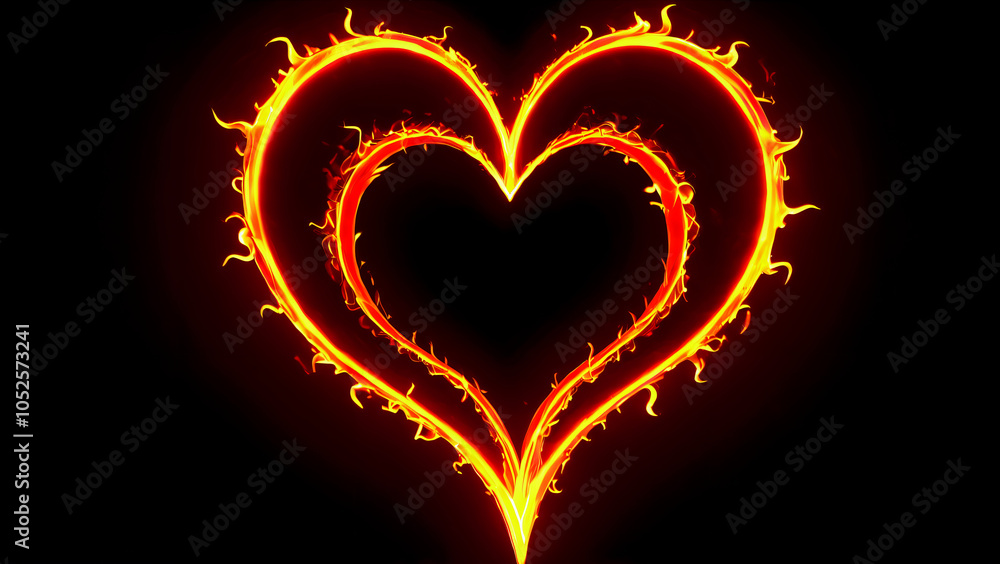 Passion and Fire: Modern digital illustration of a heart burning in bright red and yellow colors, symbolizing passionate love and emotion, with a flame texture on a black background Passion and Fire: Modern digital illustration of a heart burning in bright red and yellow colors, symbolizing passionate love and emotion, with a flame texture on a black background